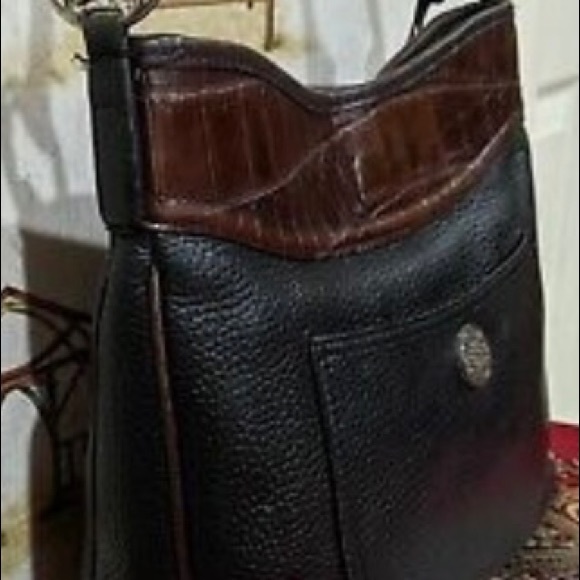 BRIGHTON  VINTAGE  BLACK  AND BROWN  LEATHER  SHOULDER  HANDBAG. - Picture 2 of 8